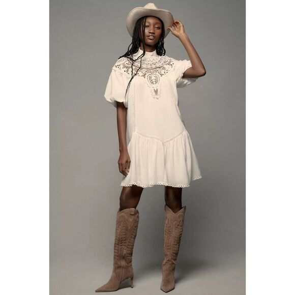 Anthropologie Mock-Neck Lace White Tunic Mini Dress Small NEW
